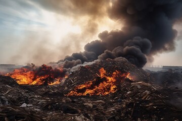 Fototapeta premium War, humanitarian catastrophe. Environmental pollution. Fire at the landfill. The concept of ecological disaster.