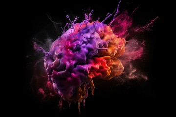 An explosive brain with colorful paint, on a dark purple background. Generative AI