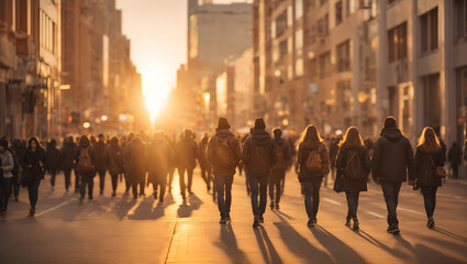 Anonymous crowd of people walking on city street,golden hour,full light - obrazy, fototapety, plakaty