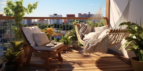 Obraz premium AI Generated. AI Generative. Terrace balcony hammock at city urban house building landscape with many plants background. Graphic Art