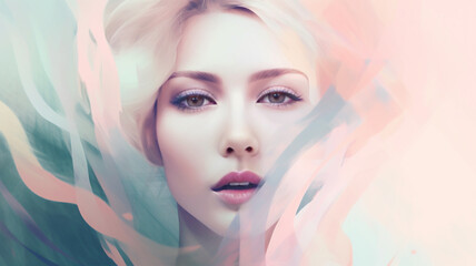 Illustrations of a fashion model in pastel colors, impressionistic style showing expressive glamorous faces.