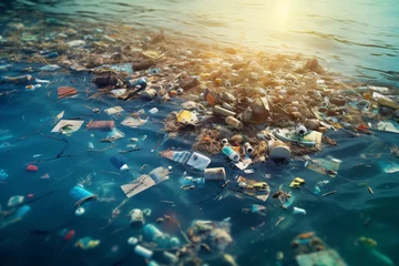 Zelfklevend Fotobehang Mountains of garbage on the water. Plastic waste in the sea. Plastic trash on the lake. 3d rendering. The concept of environmental pollution. Global warming.  © vachom