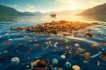 Foto op Canvas Mountains of garbage on the water. Plastic waste in the sea. Plastic trash on the lake. 3d rendering. The concept of environmental pollution. Global warming.  © vachom