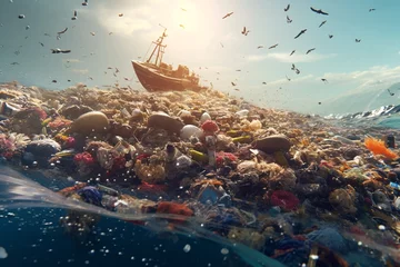 Foto auf Alu-Dibond Mountains of garbage on the water. Plastic waste in the sea. Plastic trash on the lake. 3d rendering. The concept of environmental pollution. Global warming.  © vachom