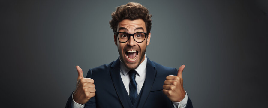 Excited Happy Businessman Showing Thumbs Up and Screaming in Studio Portrait on a Gray Background