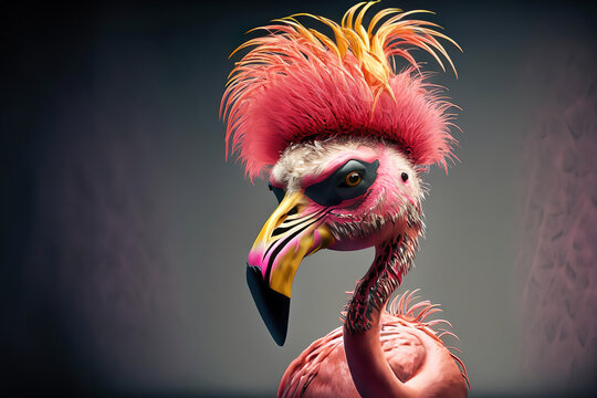 Portrait Punk - Flamingo mit Irokesenschnitt, KI-generiert, Fantasie
