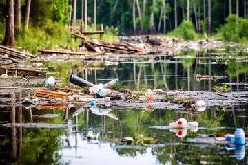 Plastic waste in the sea. Plastic trash on the lake. 3d rendering. The concept of environmental pollution. Global warming.
