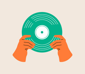 Hand holding vintage vinyl music. Colorful vector illustration