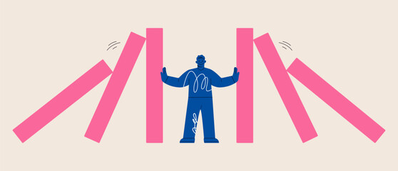 Man stopping falling domino. Symbol of crisis, risk, management, leadership concept. Colorful vector illustration