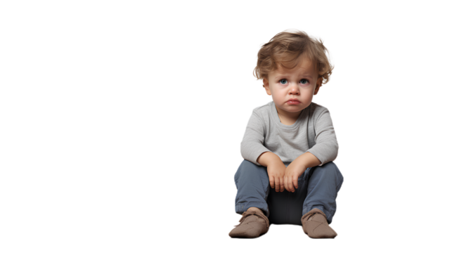 A sad toddler. Isolated on Transparent background.