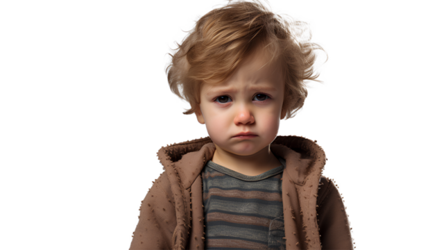 A sad toddler. Isolated on Transparent background.
