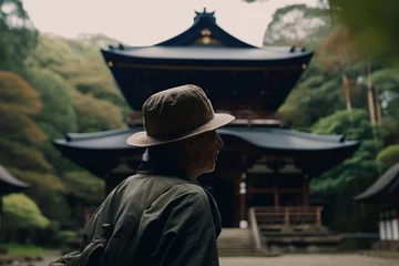 Fotobehang A trekker visiting a serene Japanese temple. AI Generated. © Marcela Ruty Romero
