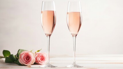 Two glasses of pink rose champagne sparkling wine. - obrazy, fototapety, plakaty