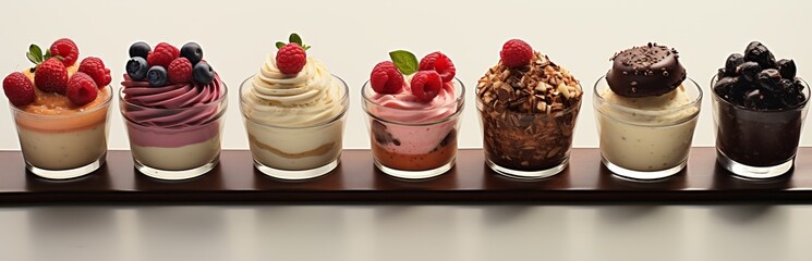 Sweet pastries with berries. Various assortment in the confectionery. Mousse cake with sponge cake and cream. Elegant decoration by the pastry chef. Place for copy space, banner © Marin Zhu