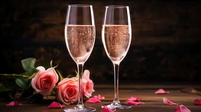 Two glasses of pink rose champagne sparkling wine.