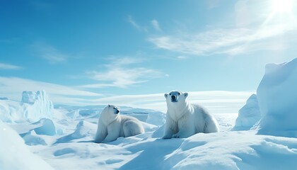 Polar bear (Ursus maritimus) mother and cub on the pack ice, north of Greenland - obrazy, fototapety, plakaty