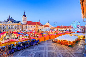 Sibiu, Romania. Christmas Market winter tale, famous winter fair in Transylvania.