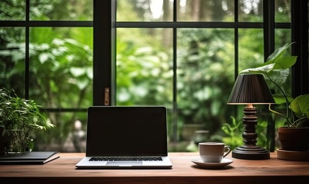 Streamlined workspace. Modern office aesthetics. Digital domain. Sleek laptop desk design. Creative corner. Productive work environment. Morning light work