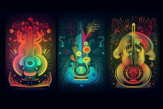 Vibrant, Colorful Music Posters With Flashy Lights. Generative AI