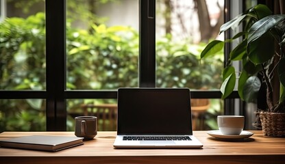 Streamlined workspace. Modern office aesthetics. Digital domain. Sleek laptop desk design. Creative corner. Productive work environment. Morning light work - obrazy, fototapety, plakaty