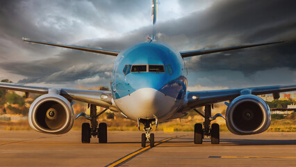 front view of a blue and silver commercial airliner taxiing for take-off on a stormy day.