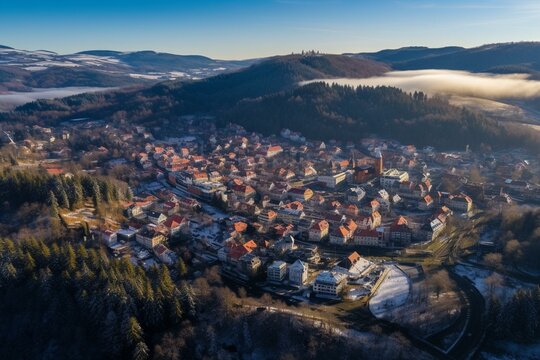 Bird's-eye view of Krynica Zdrój town and Beskid Sądecki mountains with a drone. Generative AI