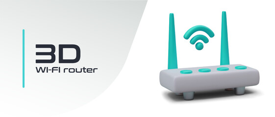 Realistic router with green antennas and WiFi signal. Wireless data transfer. Hotspot, modem. Color vector illustration. Modern equipment. Template for web design