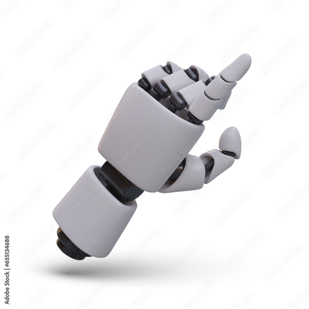 Poster realistic mechanical hand pointing up with index finger, pressing. artificial technology. robotic li