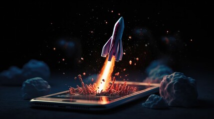 Rocket takes off from a tablet, smartphone on a dark background. Business growth online. Faster Apps. - obrazy, fototapety, plakaty