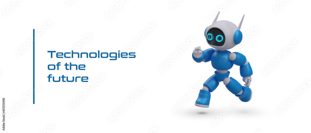Poster poster with realistic modern robot running to help. technology of the future. assistant and helper. 