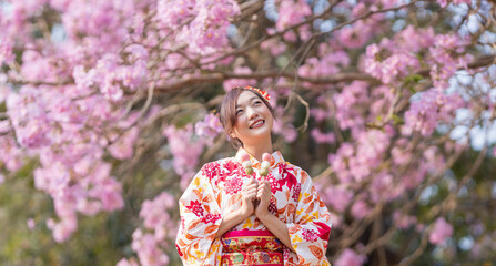 Japanese woman in traditional kimono dress holding sweet hanami dango dessert while walking in the...