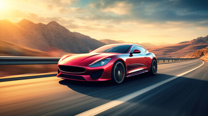 Red sports car on high speed in turn. Super car rushing along a high-speed highway with motion speed in sunny day - obrazy, fototapety, plakaty