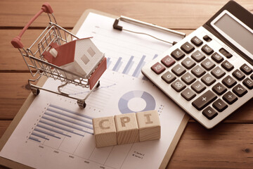 There are shopping carts, small houses, calculators, and letters CPI on the data chart