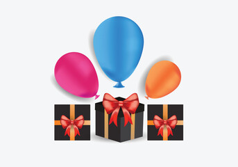 Ballon, golden Ribbon, black gift box element for celebration  black Friday, anniversary, birthday  or any occasion