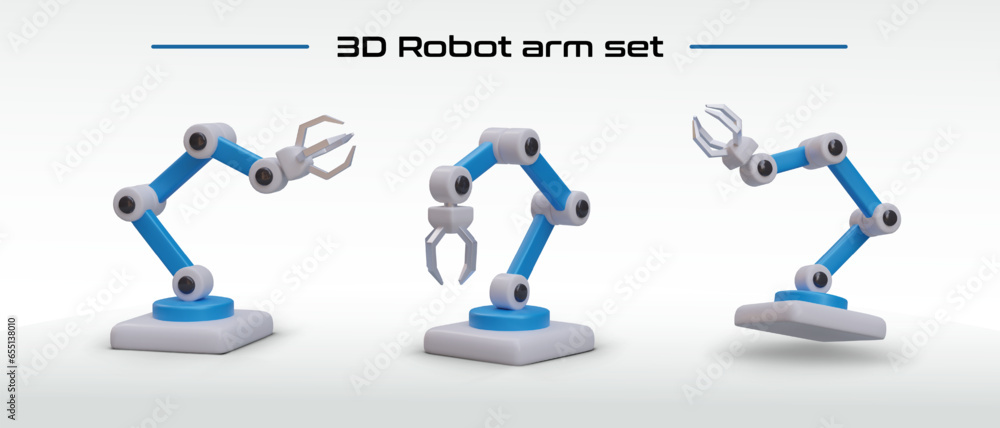 Poster set of robotic hands in different positions. mechanical blue manipulators. automated device to repla