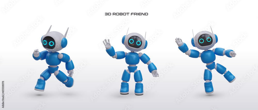 Poster set of realistic friendly robot serviceman in different positions. robot greeting. future technology