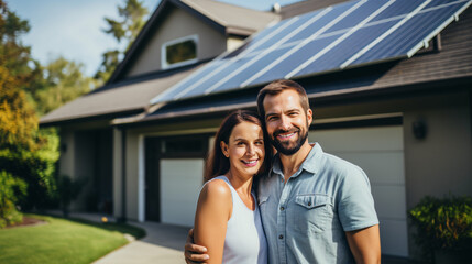 A happy couple stands smiling in the driveway of a large house with solar panels installed. Real estate new home concept. - obrazy, fototapety, plakaty