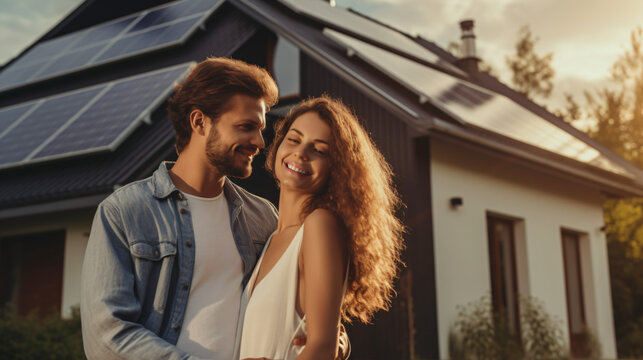 A happy couple stands smiling in the driveway of a large house with solar panels installed. Real estate new home concept.
