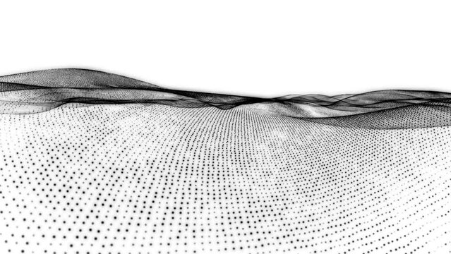Dynamic Particle Play: Techno Wave on White Canvas. Abstract Motion Black Particles on White Background. 4K