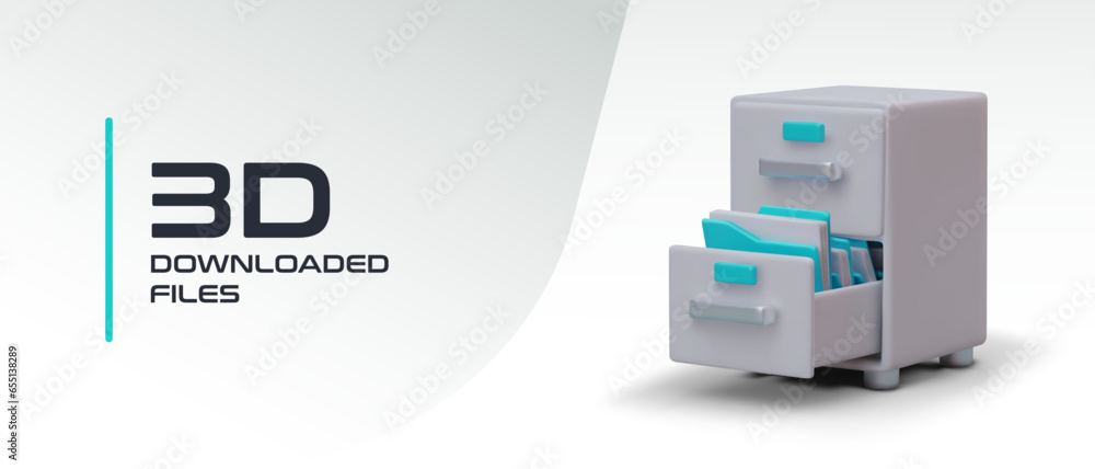 Aufkleber concept of downloaded files. storage, sorting and archiving of information. renting server. 3d offic