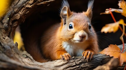 Playful squirrel in the wild. A squirrel sits on a tree stump in the forest. - obrazy, fototapety, plakaty