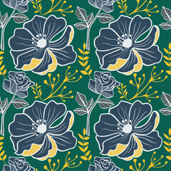 Floral seamless pattern. navy flowers on a green background