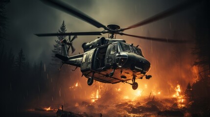 Firefighting helicopter flying over a large forest fire