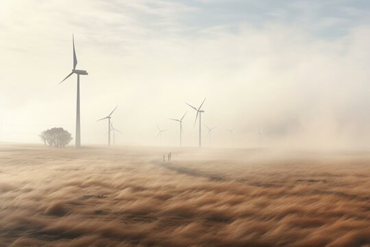 Foggy field with wind farm. Generative AI