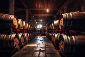 A room filled with wooden barrels, showcasing the art of winemaking in a traditional winery created with Generative AI technology