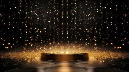 Golden confetti rain on festive stage with light beam in the middle, empty room at night mockup with copy space for award ceremony, jubilee, New Year's party or product presentations - obrazy, fototapety, plakaty