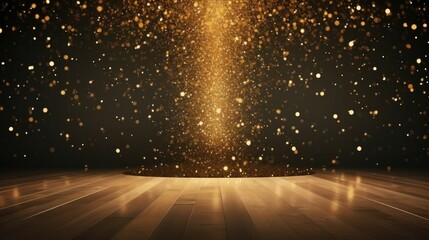 Golden confetti rain on festive stage with light beam in the middle, empty room at night mockup with copy space for award ceremony, jubilee, New Year's party or product presentations - obrazy, fototapety, plakaty