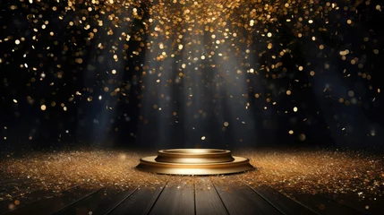 Foto op Plexiglas Golden confetti rain on festive stage with light beam in the middle, empty room at night mockup with copy space for award ceremony, jubilee, New Year's party or product presentations © Manyapha
