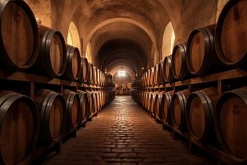 A wine cellar filled with rows of aging wine barrels created with Generative AI technology