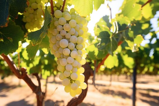 Ripe white grapes hanging from a vine in a vineyard created with Generative AI technology